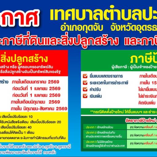 ประกาศเทศบาลตำบลปะโคเรื่อง การชำระภาษีที่ดินและสิ่งปลูกสร้าง และภาษีป้าย ประจำปี 2569